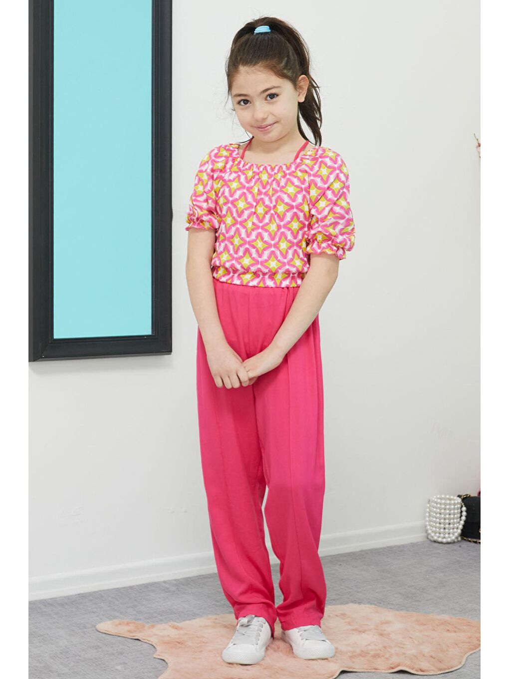 Pembe Desenli Bluz ve Pantolonlu Kız Takım 15390-3