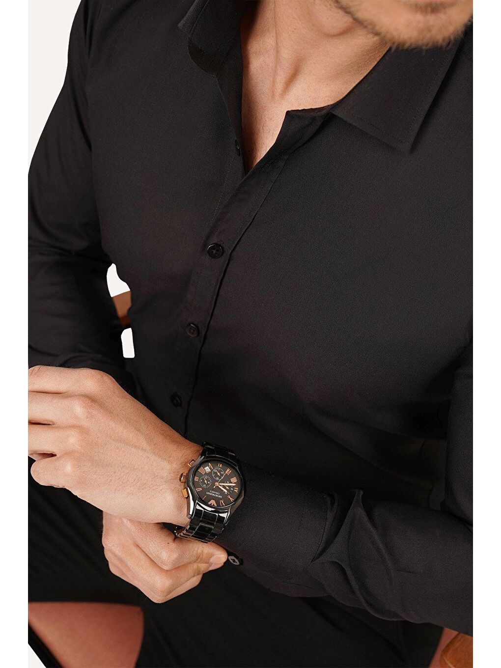 Kolay Ütülenebilir Dakron Düz Siyah Slimfit Erkek Gömlek