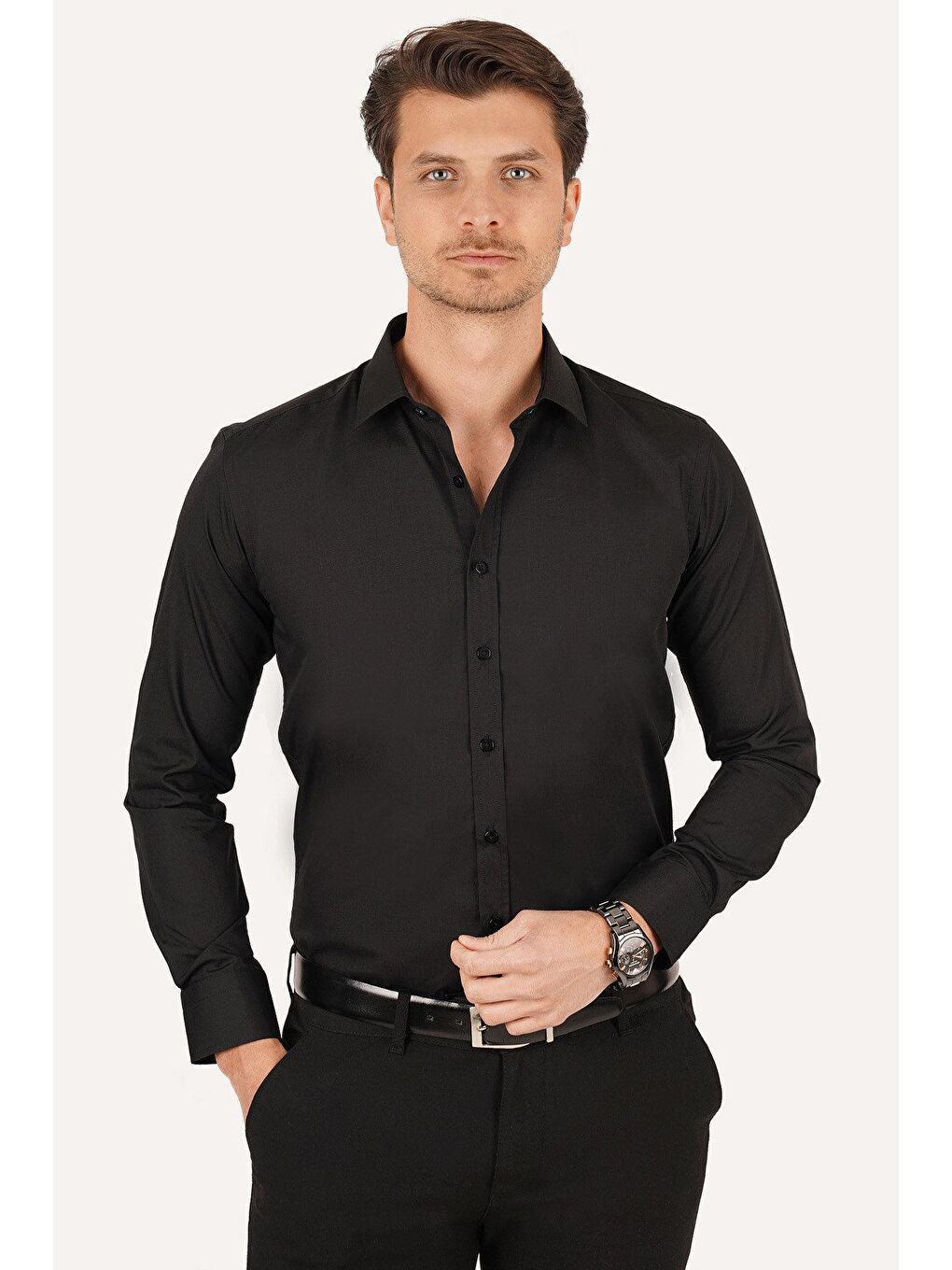Kolay Ütülenebilir Dakron Düz Siyah Slimfit Erkek Gömlek-4