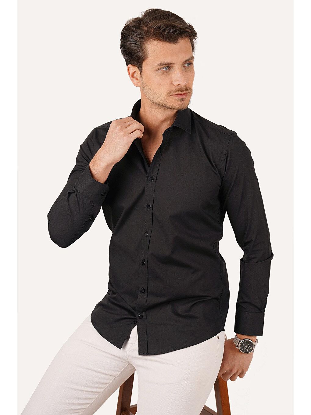Kolay Ütülenebilir Dakron Düz Siyah Slimfit Erkek Gömlek-1
