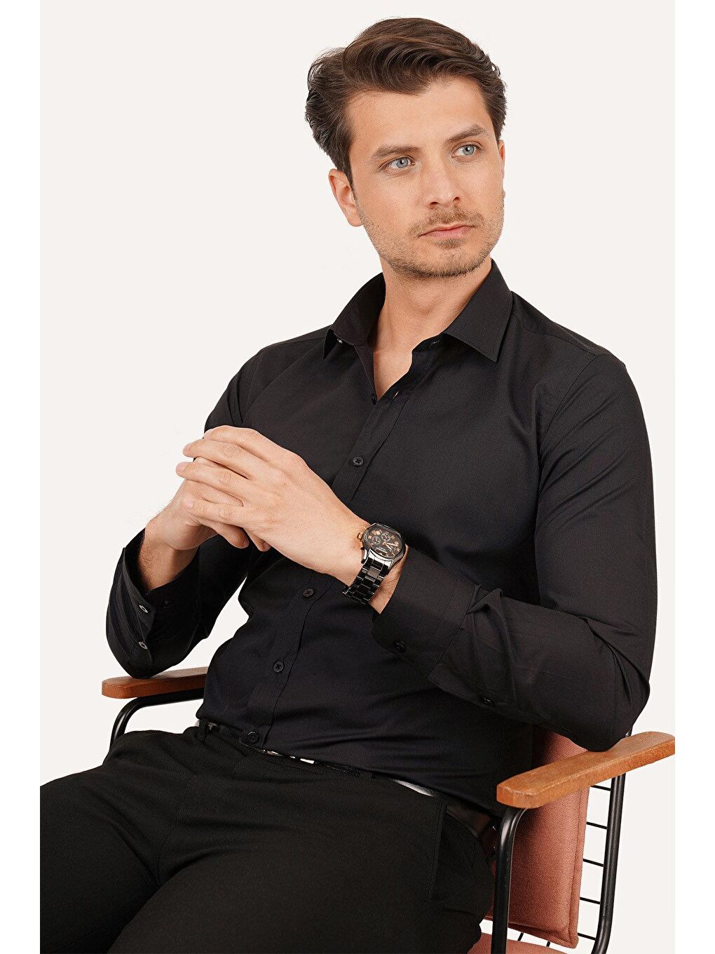 Kolay Ütülenebilir Dakron Düz Siyah Slimfit Erkek Gömlek-2