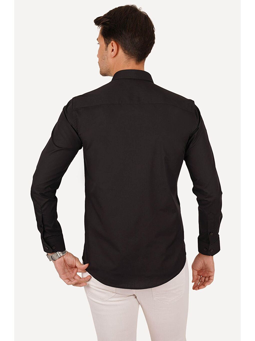Kolay Ütülenebilir Dakron Düz Siyah Slimfit Erkek Gömlek-6