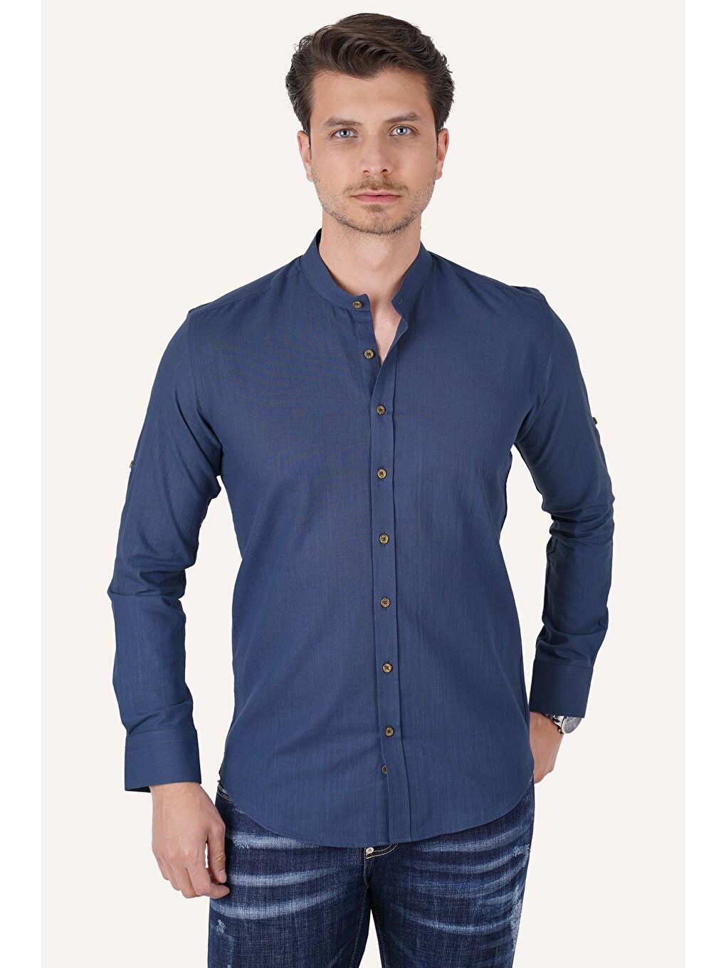 Etikmen Hakim Yaka Indigo Mavisi Keten Slimfit Erkek Gömlek - 4