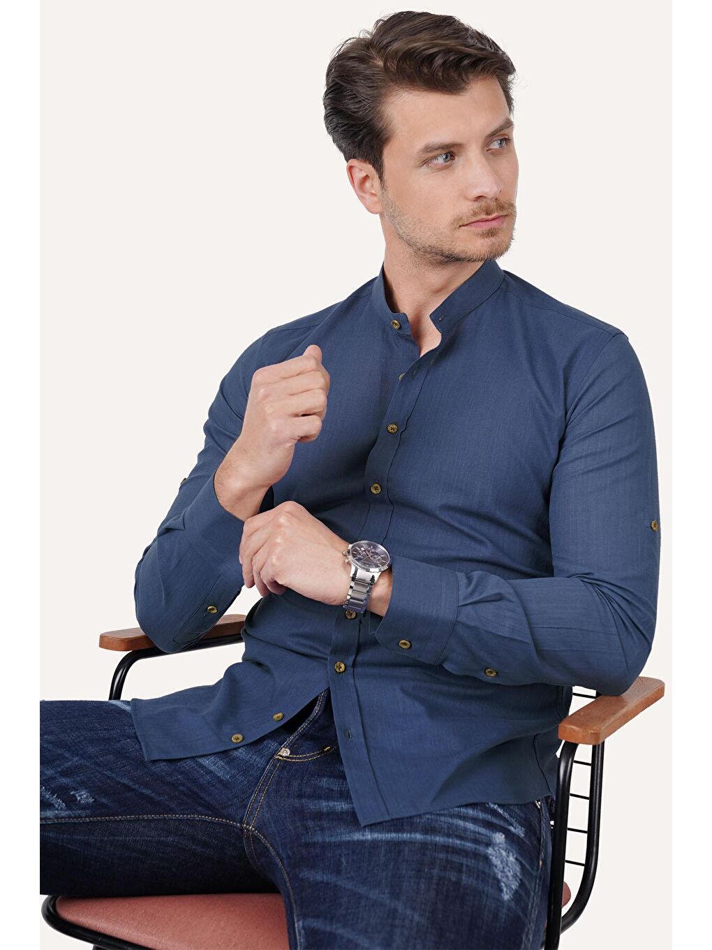 Etikmen Hakim Yaka Indigo Mavisi Keten Slimfit Erkek Gömlek - 2