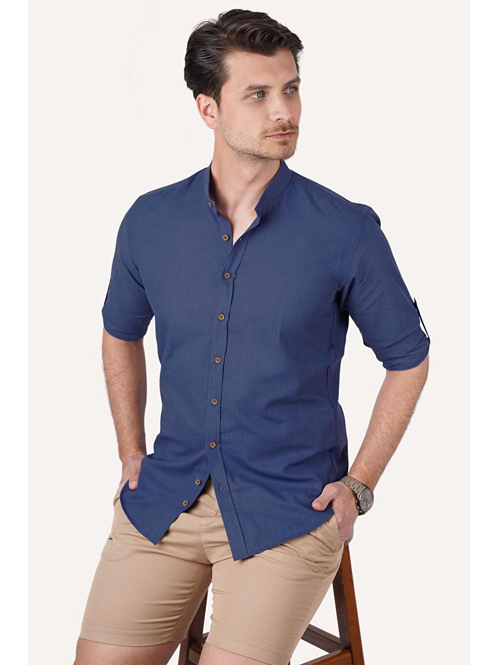 Etikmen Hakim Yaka Indigo Mavisi Keten Slimfit Erkek Gömlek