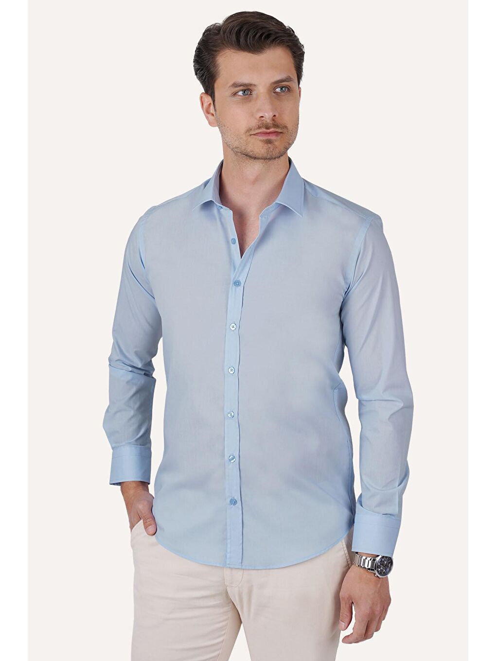 Kolay Ütülenebilir Dakron Düz Mavi Slimfit Erkek Gömlek-1