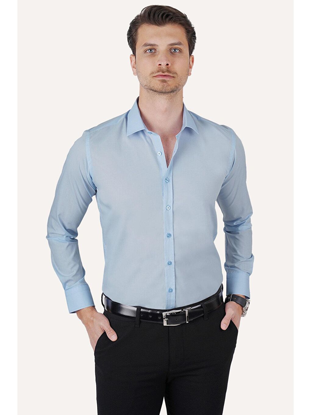Kolay Ütülenebilir Dakron Düz Mavi Slimfit Erkek Gömlek-2