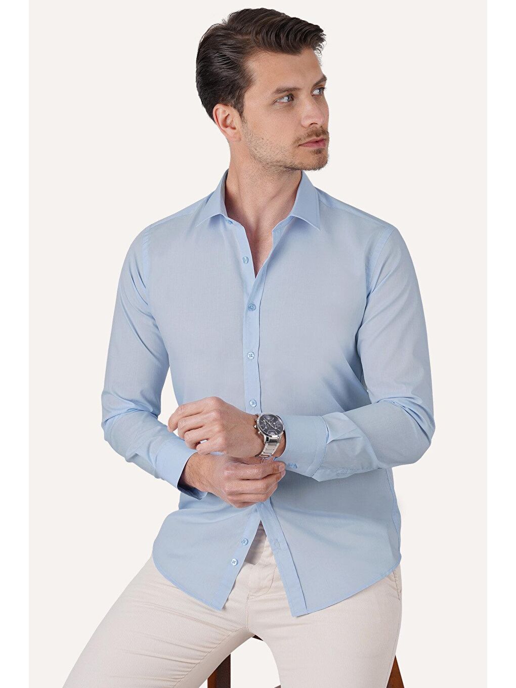 Kolay Ütülenebilir Dakron Düz Mavi Slimfit Erkek Gömlek-4