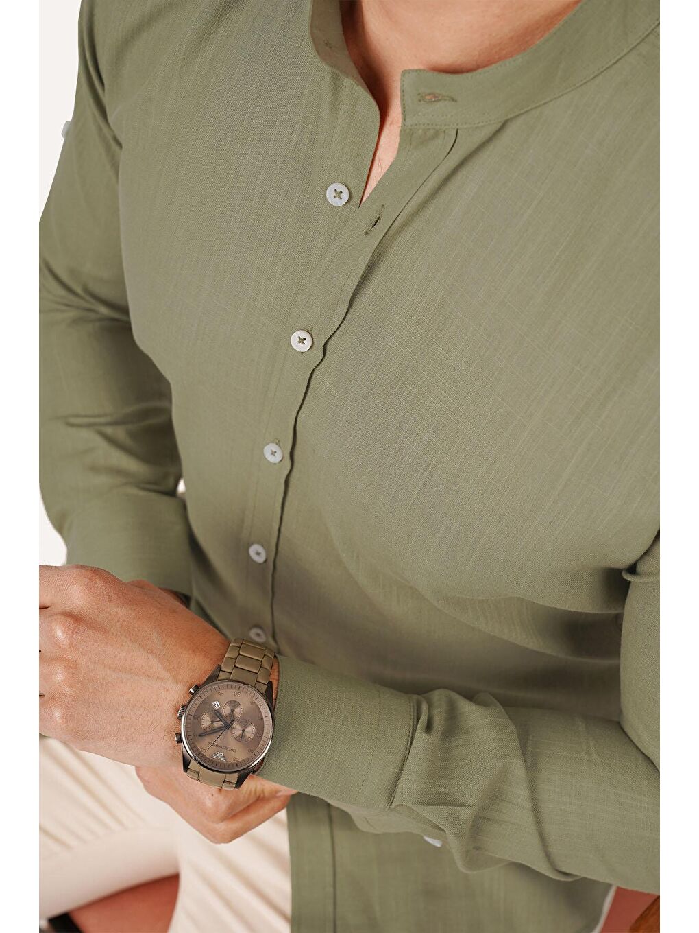 Hakim Yaka Yeşil Keten Slimfit Erkek Gömlek-1