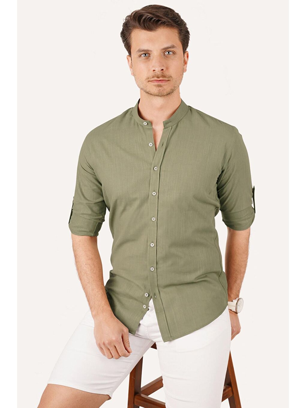 Hakim Yaka Yeşil Keten Slimfit Erkek Gömlek