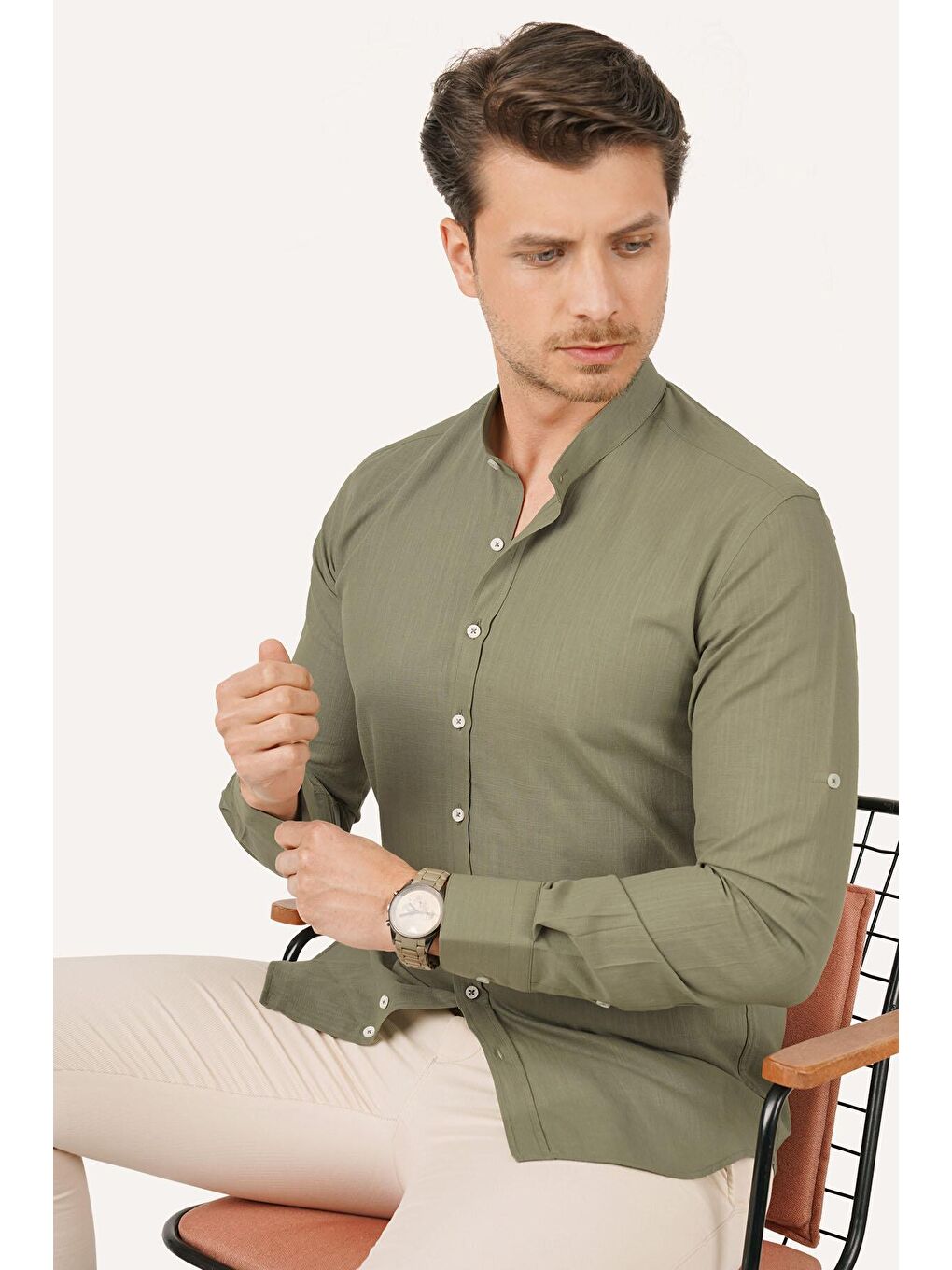 Hakim Yaka Yeşil Keten Slimfit Erkek Gömlek-2