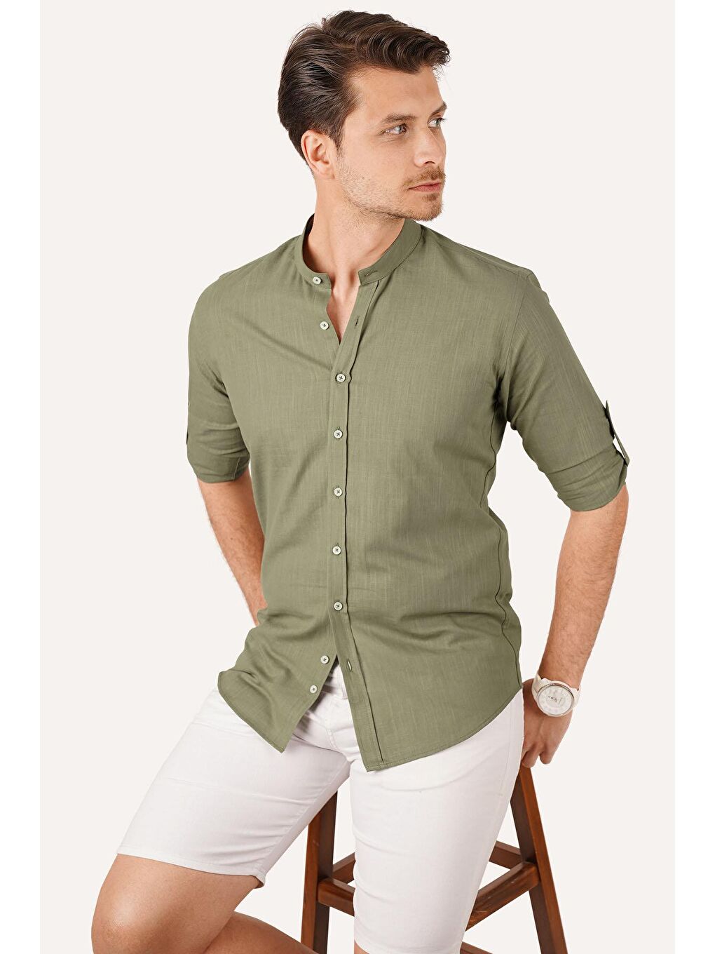 Hakim Yaka Yeşil Keten Slimfit Erkek Gömlek-4