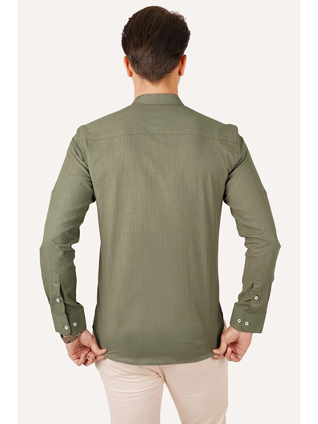 Hakim Yaka Yeşil Keten Slimfit Erkek Gömlek-5