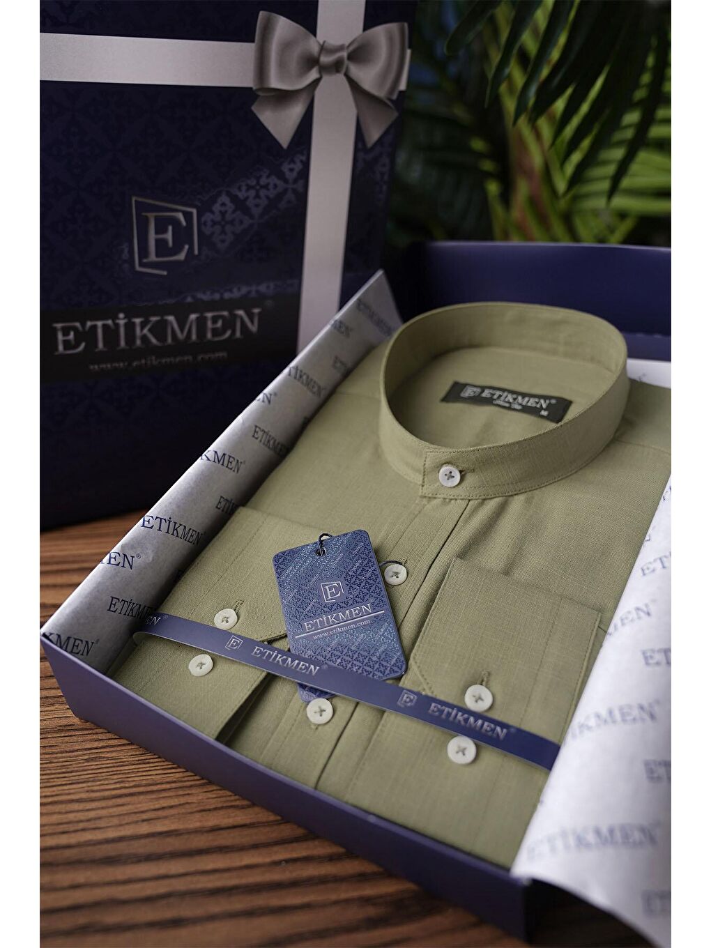 Hakim Yaka Yeşil Keten Slimfit Erkek Gömlek-6