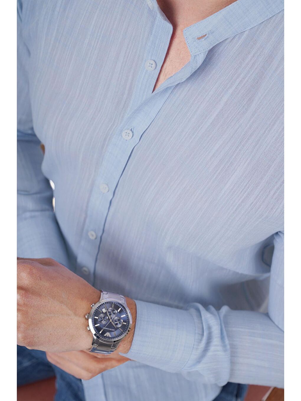 Hakim Yaka Buz Mavi Keten Slimfit Erkek Gömlek-2