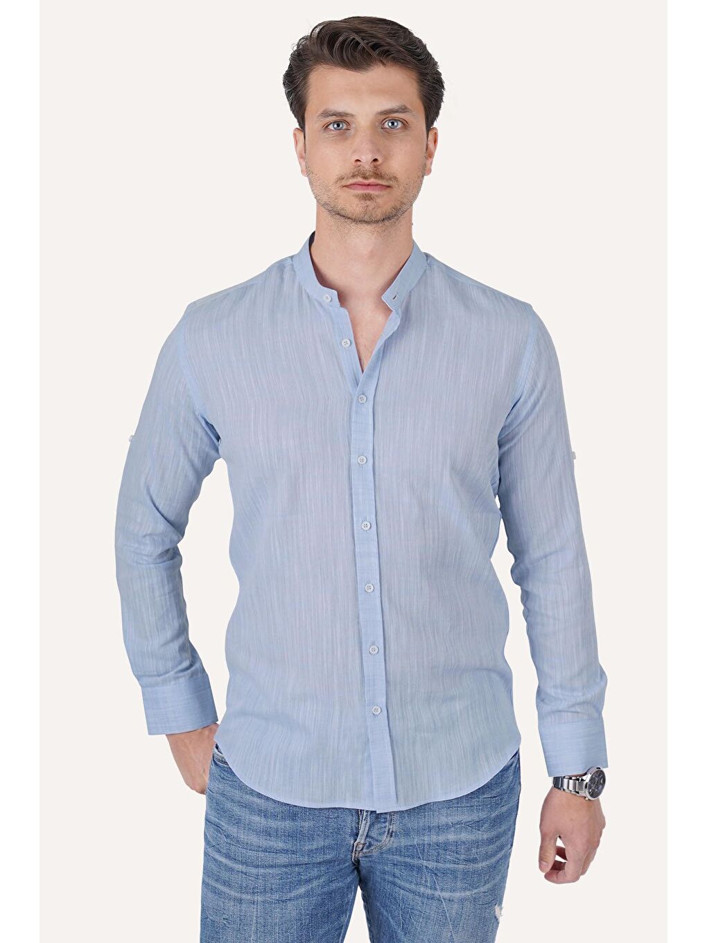 Hakim Yaka Buz Mavi Keten Slimfit Erkek Gömlek-1