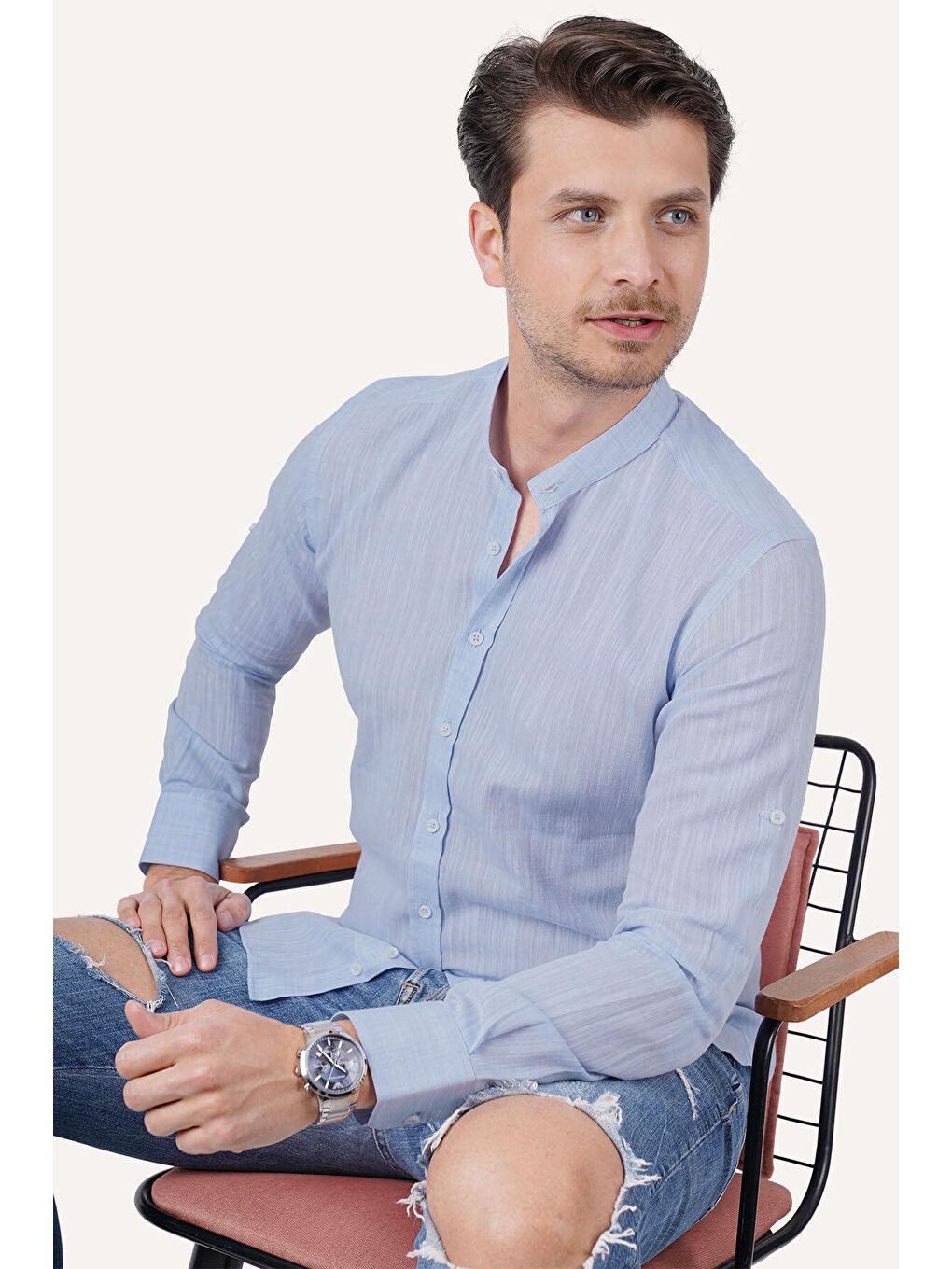 Hakim Yaka Buz Mavi Keten Slimfit Erkek Gömlek-3