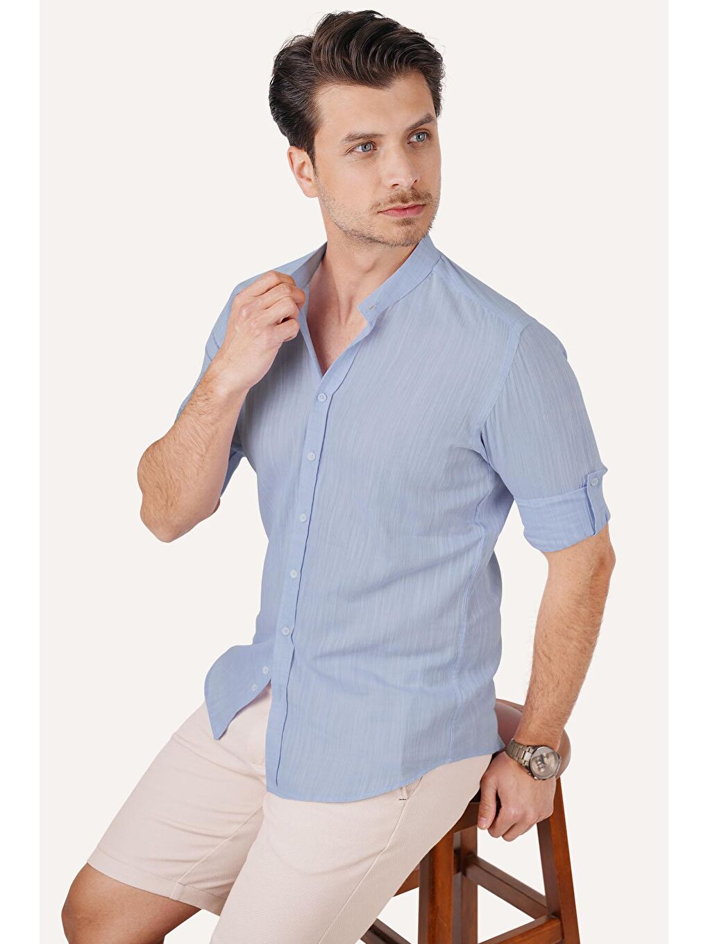 Hakim Yaka Buz Mavi Keten Slimfit Erkek Gömlek