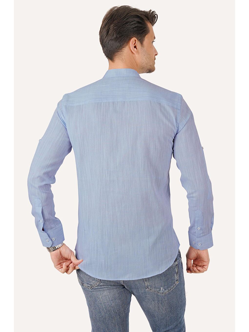 Hakim Yaka Buz Mavi Keten Slimfit Erkek Gömlek-6