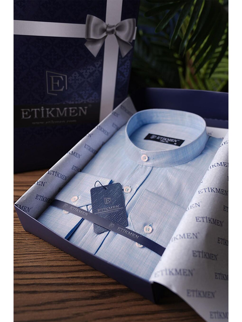 Hakim Yaka Buz Mavi Keten Slimfit Erkek Gömlek-4