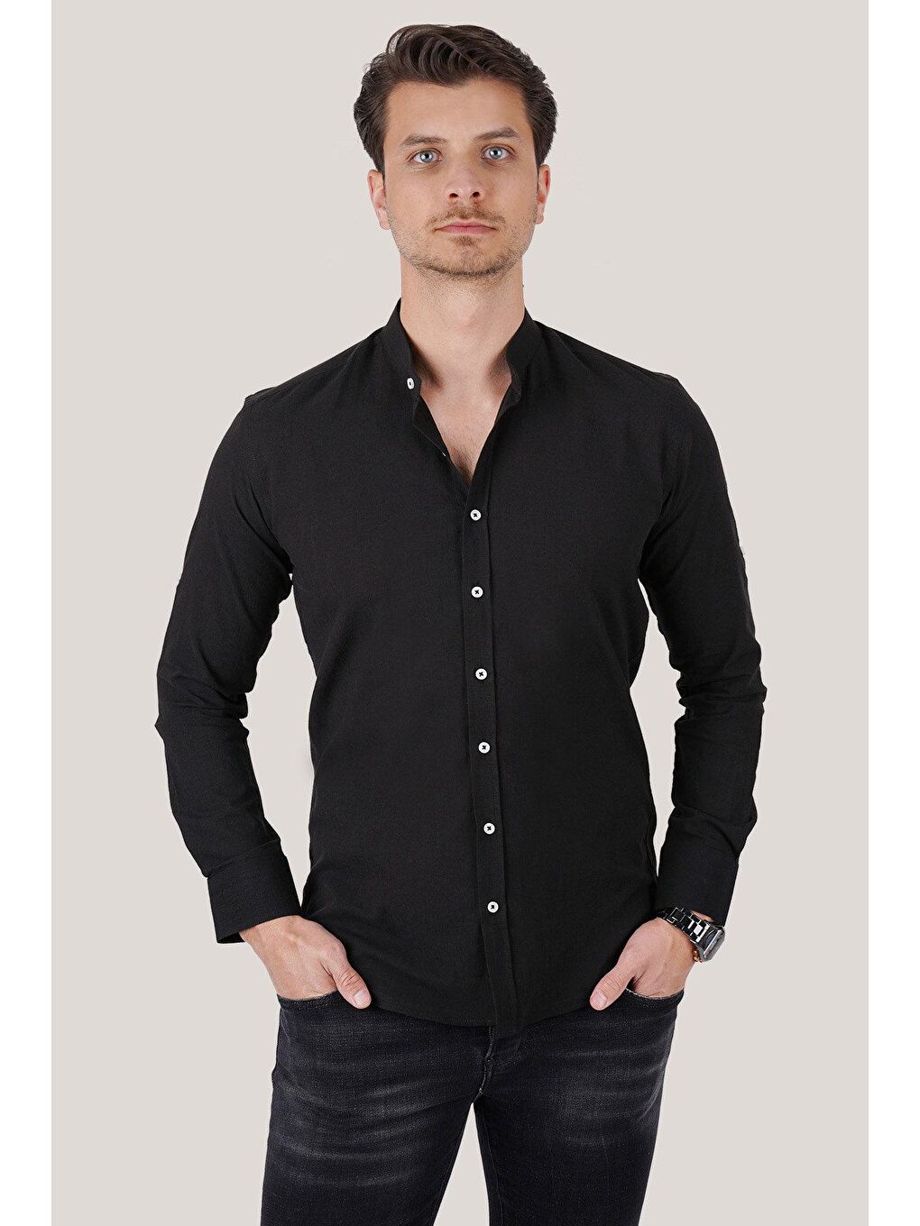 Hakim Yaka Koyu Siyah Keten Slimfit Erkek Gömlek-4