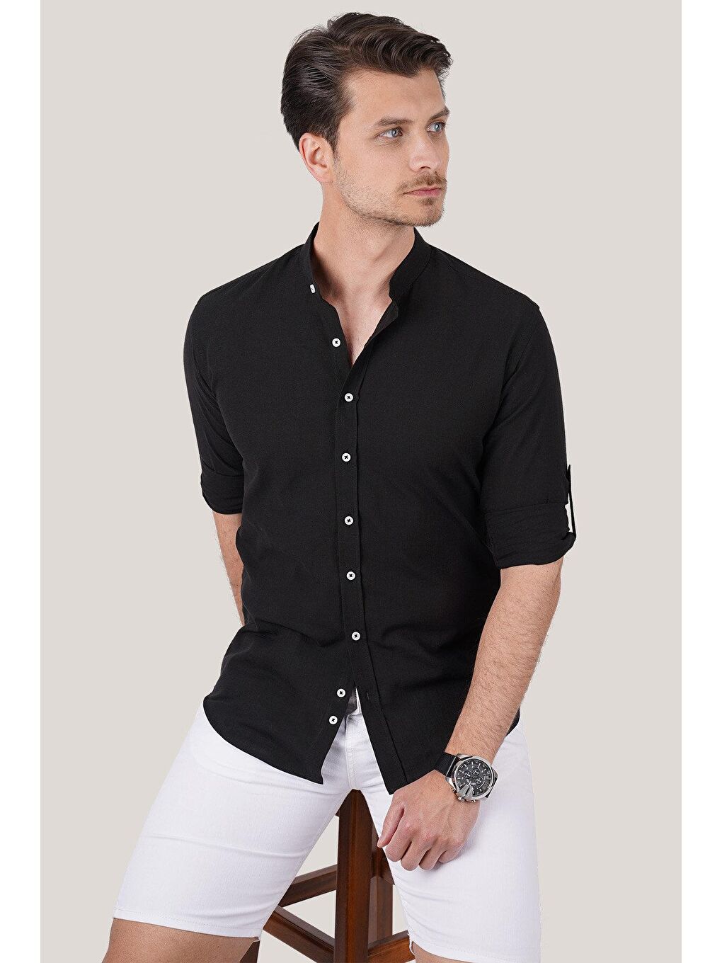 Hakim Yaka Koyu Siyah Keten Slimfit Erkek Gömlek