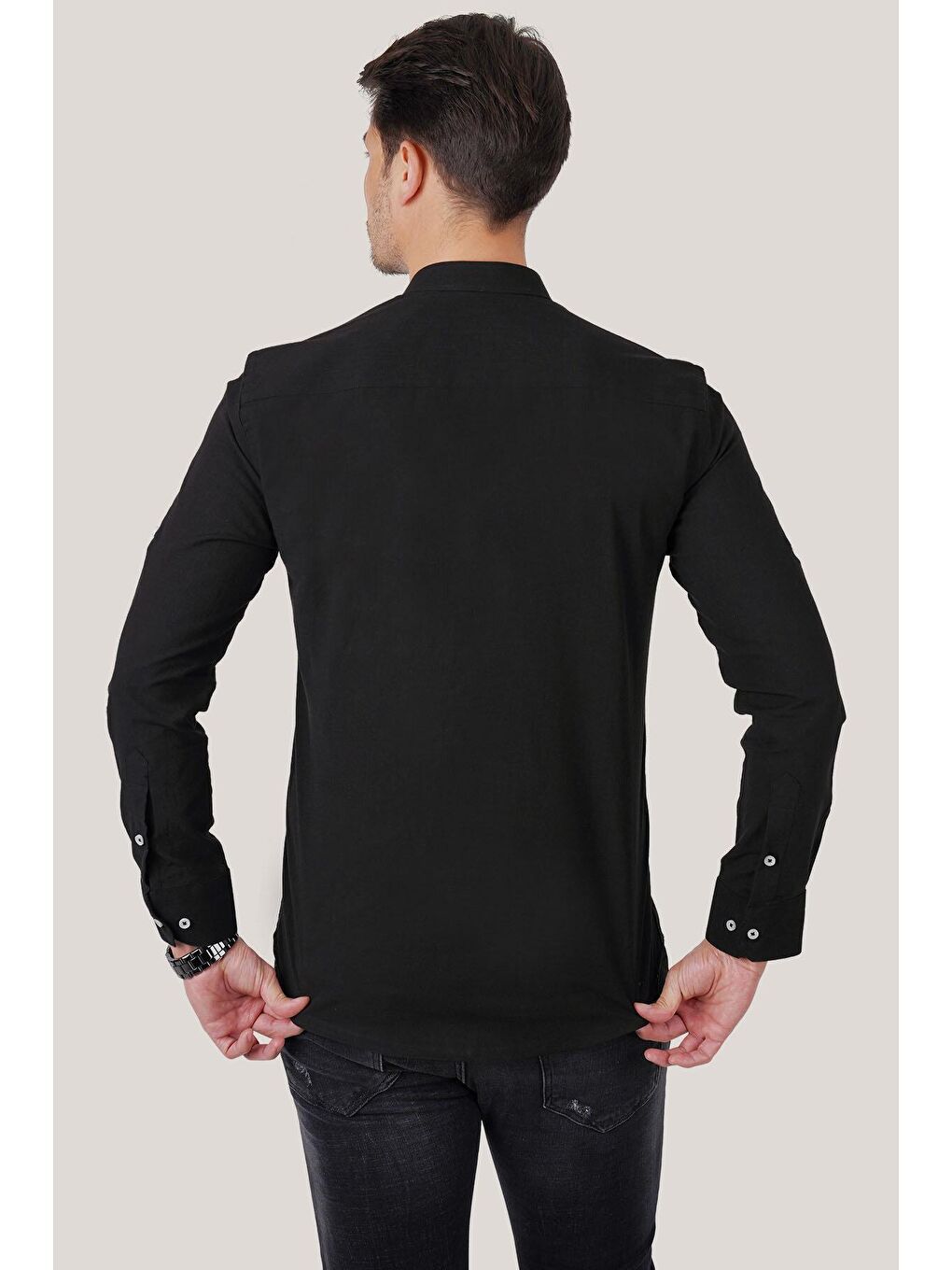 Hakim Yaka Koyu Siyah Keten Slimfit Erkek Gömlek-6