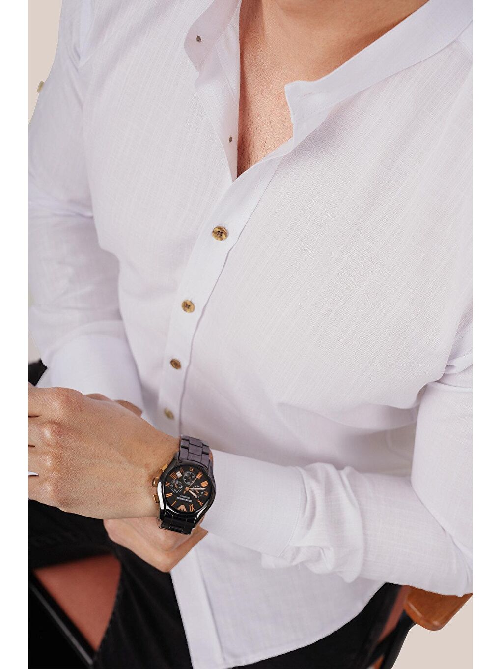 Hakim Yaka Beyaz Keten Slimfit Erkek Gömlek-1