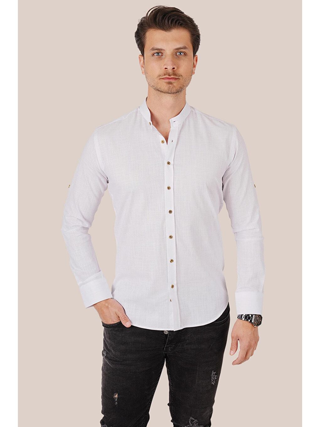 Hakim Yaka Beyaz Keten Slimfit Erkek Gömlek-4