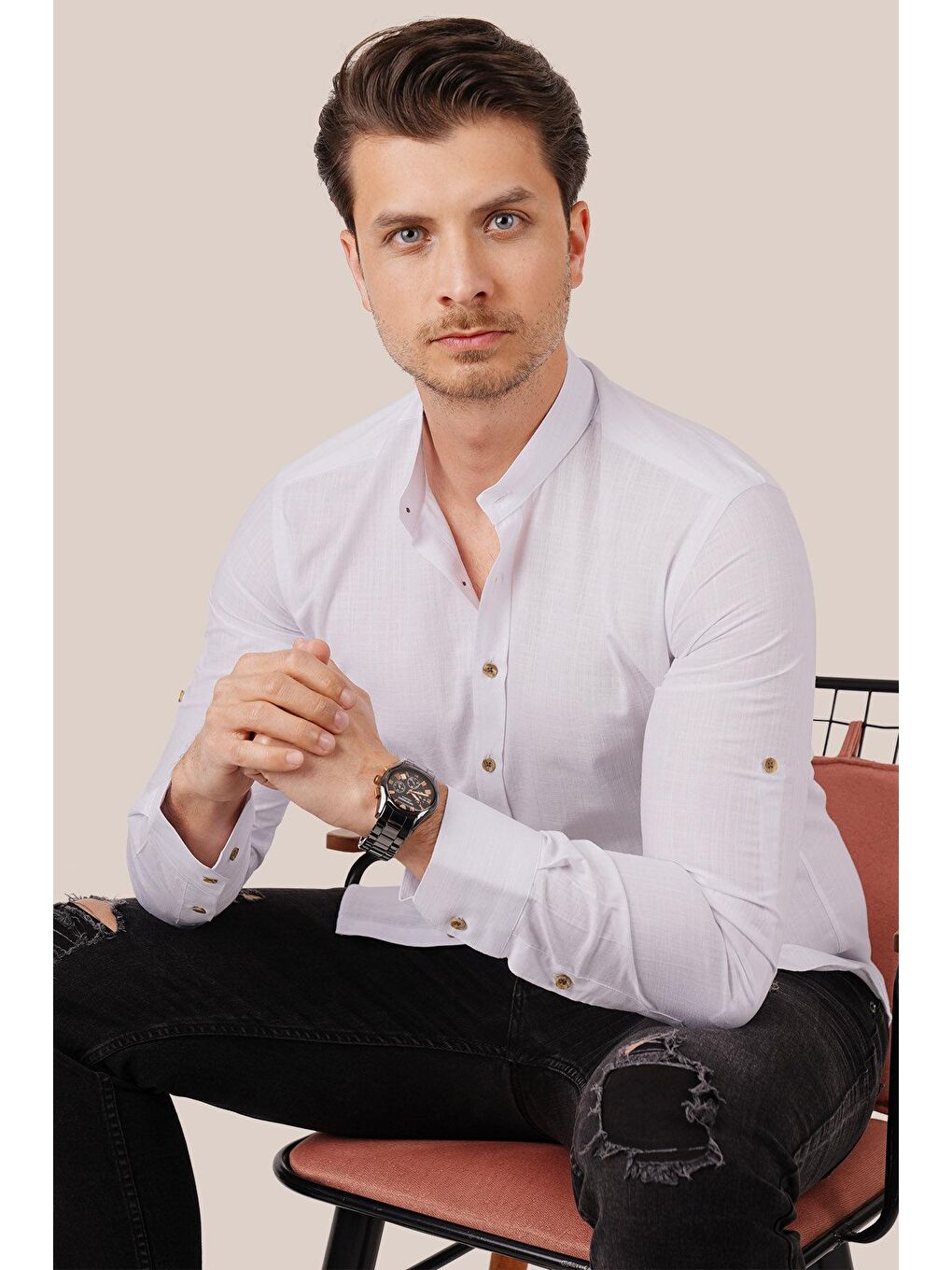 Hakim Yaka Beyaz Keten Slimfit Erkek Gömlek-2