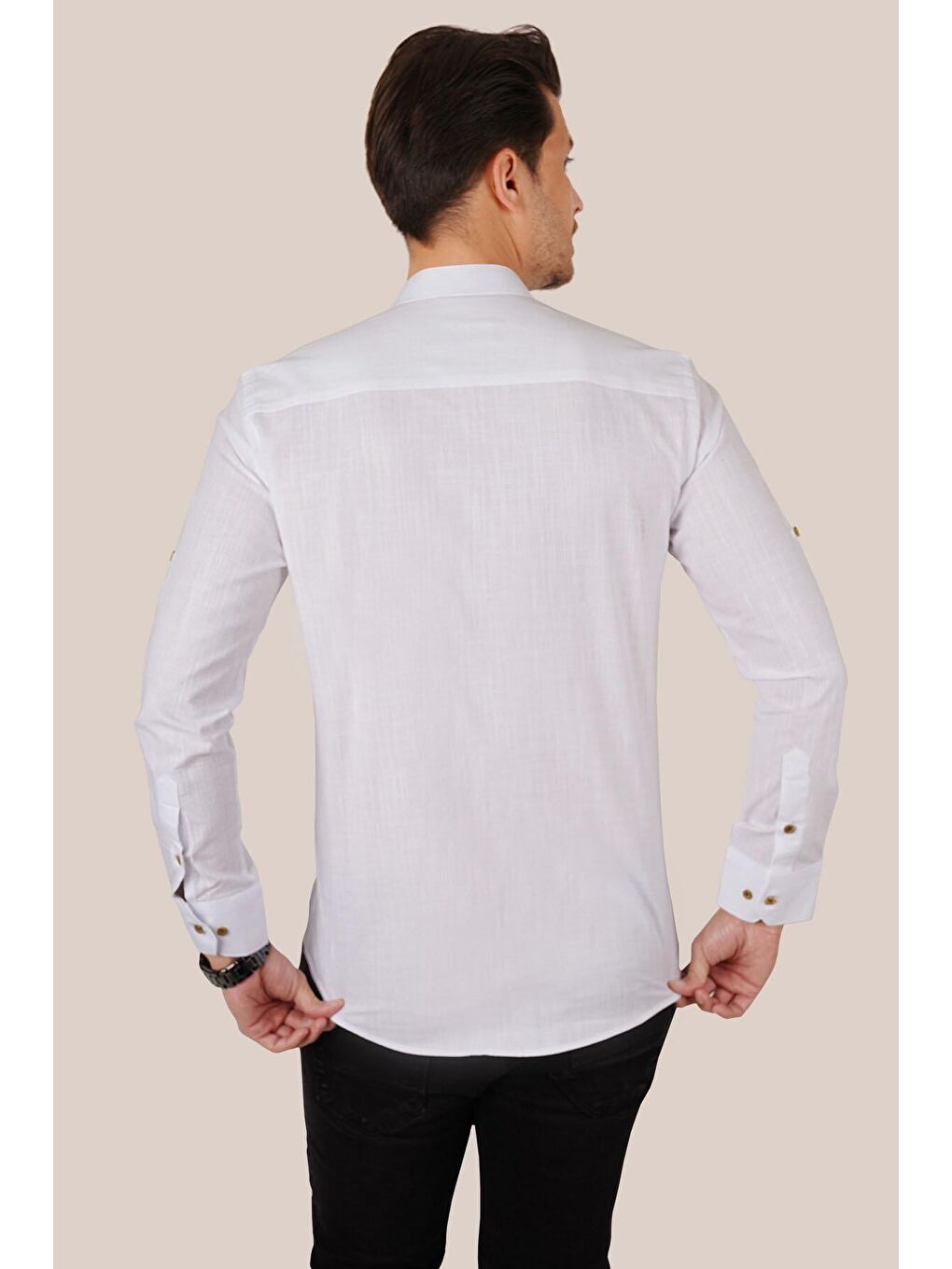 Hakim Yaka Beyaz Keten Slimfit Erkek Gömlek-6