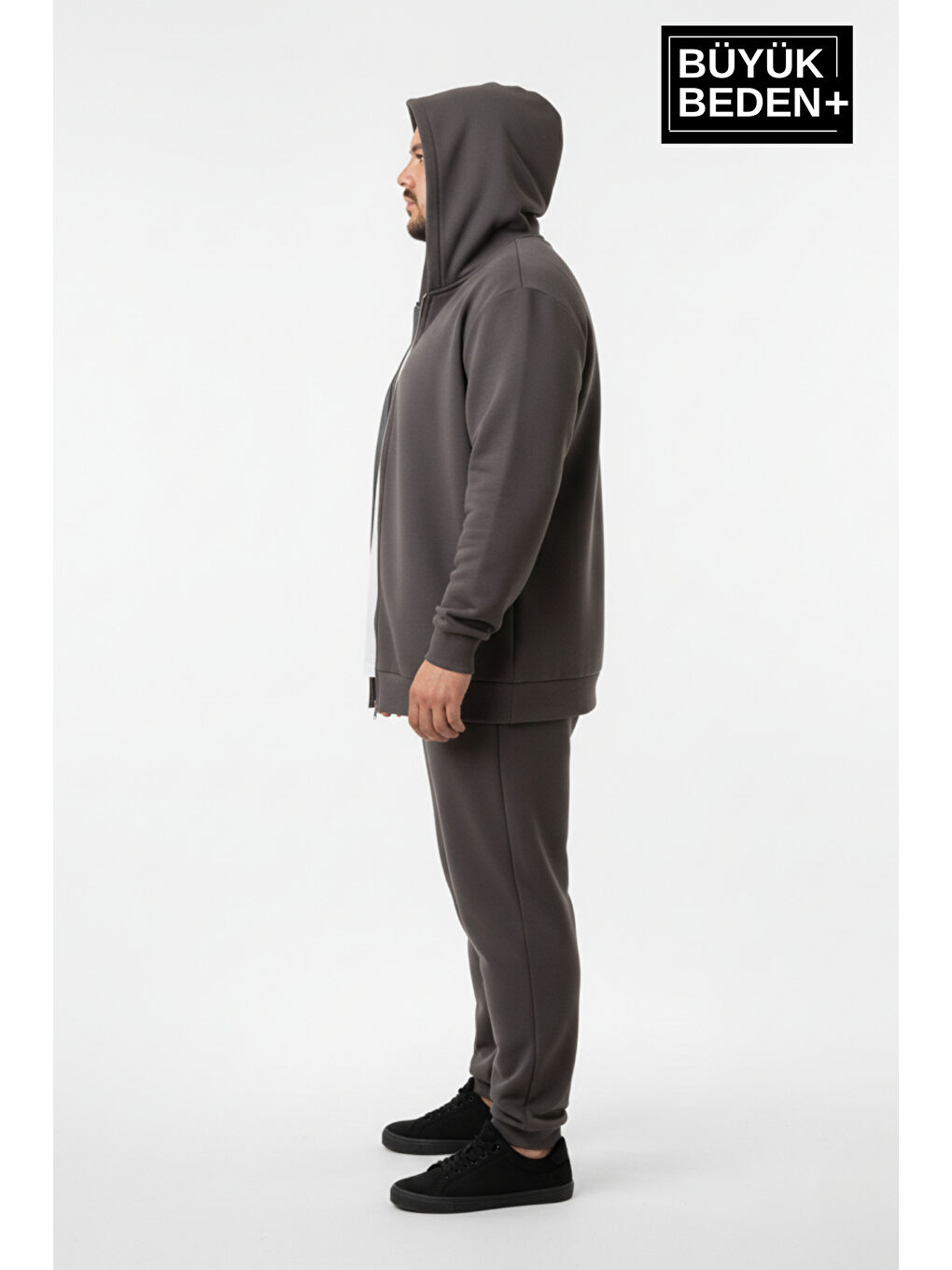 Gri Erkek Büyük Beden Fermuarlı Kapüşonlu Sweatshirt Hırka - Rahat Kalıp SPR26BHR960-1