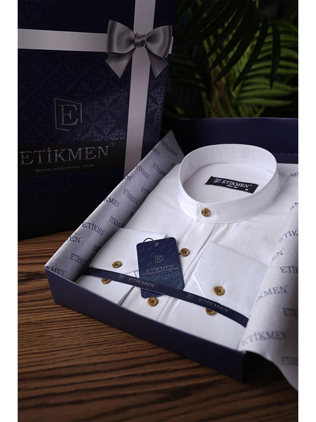 Hakim Yaka Beyaz Keten Slimfit Erkek Gömlek-3