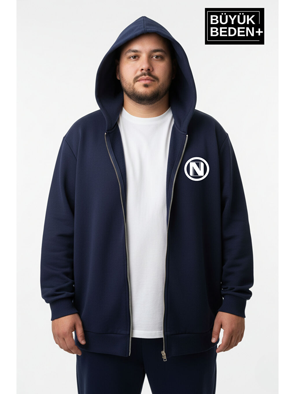 Lacivert Erkek Büyük Beden Kapüşonlu Fermuarlı N Baskılı ince Sweatshirt Hırka SPR26BHR922-1