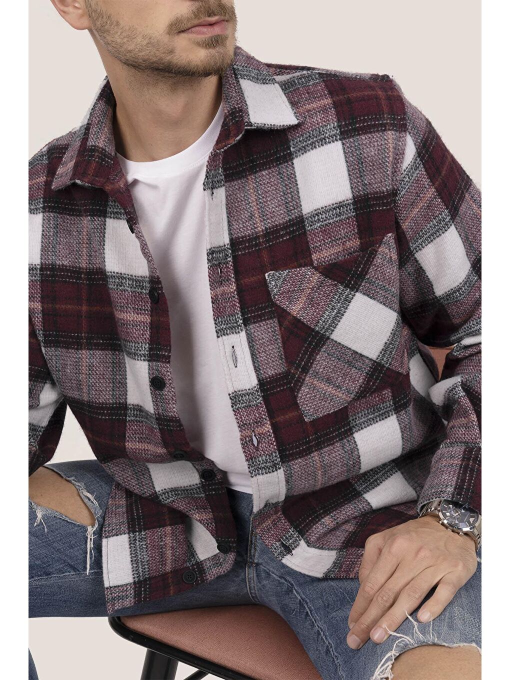 Kırmızı Kiraz Beyaz Geçişli Oversize (Geniş Kalıp) Kalın %100 Pamuk Erkek Oduncu Gömlek