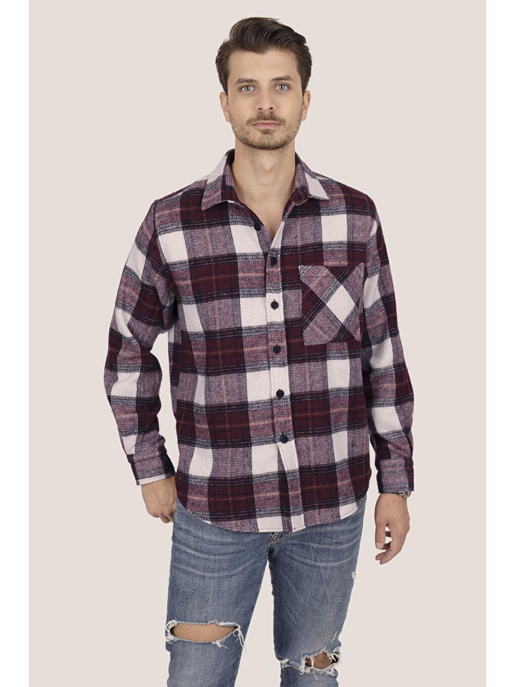 Kırmızı Kiraz Beyaz Geçişli Oversize (Geniş Kalıp) Kalın %100 Pamuk Erkek Oduncu Gömlek-1