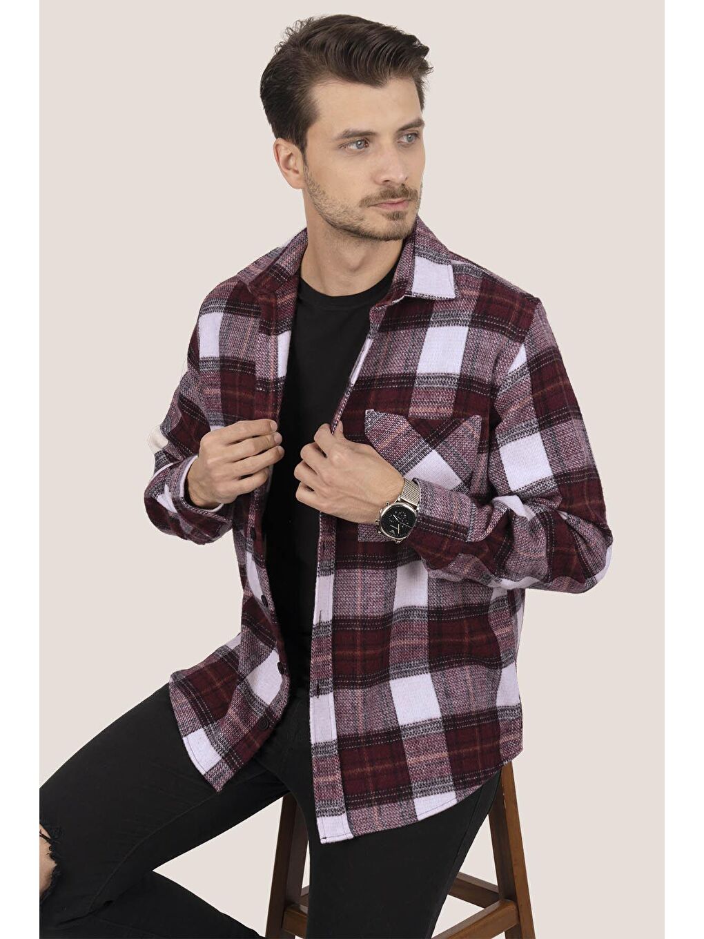 Kırmızı Kiraz Beyaz Geçişli Oversize (Geniş Kalıp) Kalın %100 Pamuk Erkek Oduncu Gömlek-2