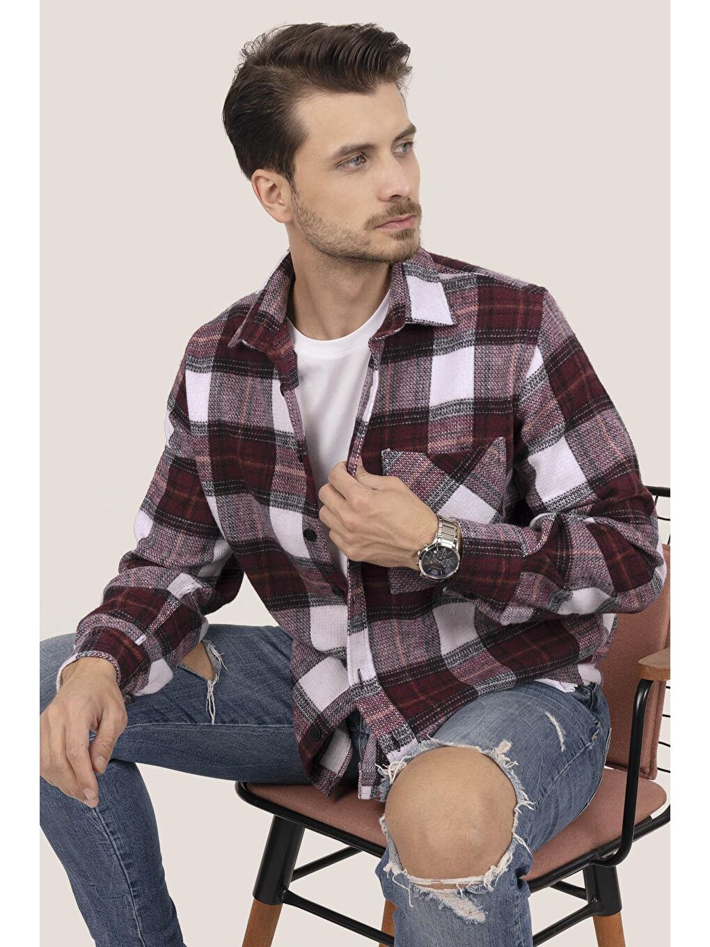 Kırmızı Kiraz Beyaz Geçişli Oversize (Geniş Kalıp) Kalın %100 Pamuk Erkek Oduncu Gömlek-4