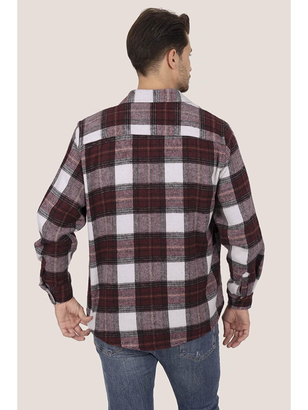 Kırmızı Kiraz Beyaz Geçişli Oversize (Geniş Kalıp) Kalın %100 Pamuk Erkek Oduncu Gömlek-5