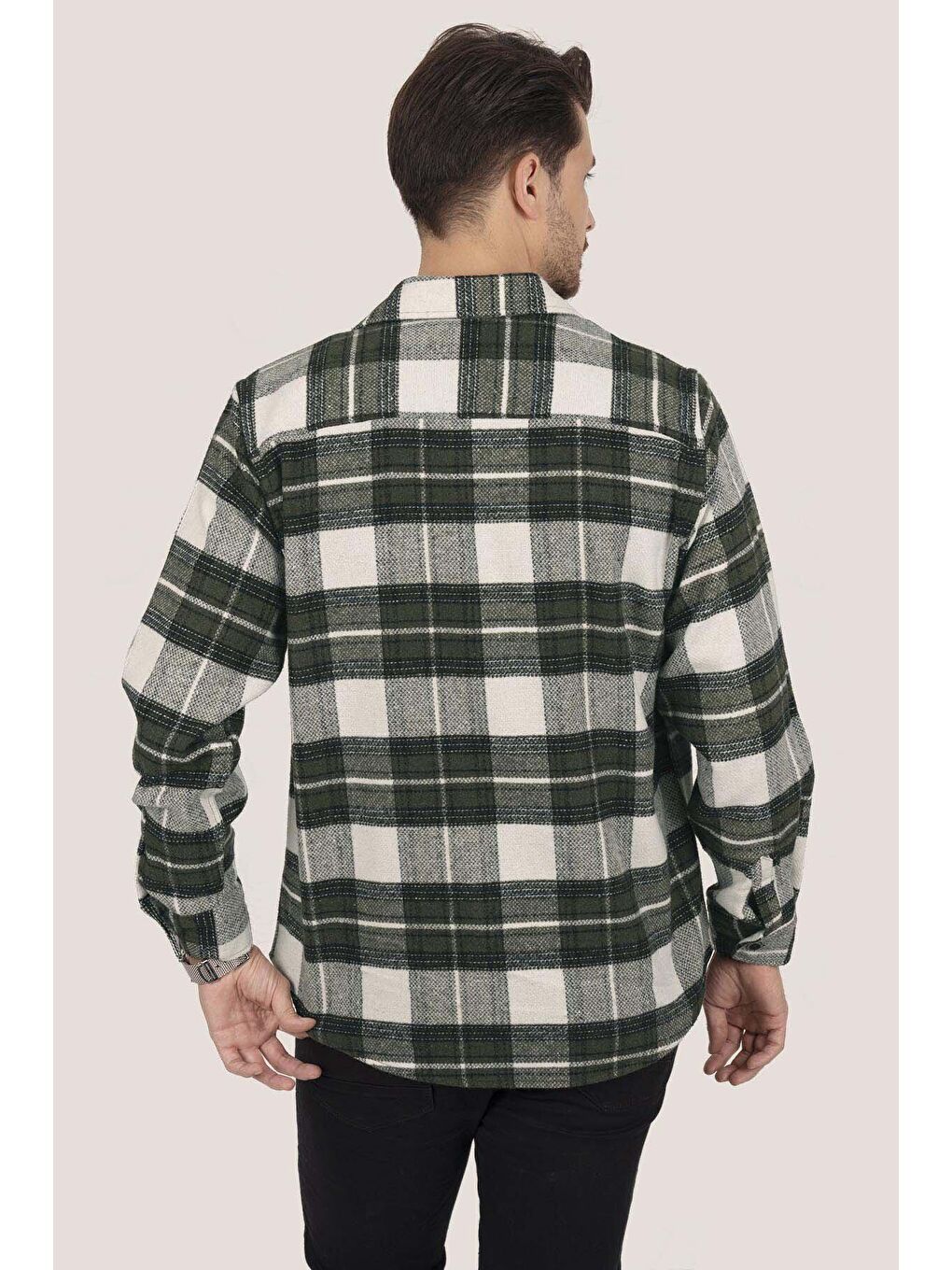 Etikmen Yeşil Beyaz Geçişli Oversize ( Geniş Kalıp ) Kalın Oduncu Erkek Gömlek - 4