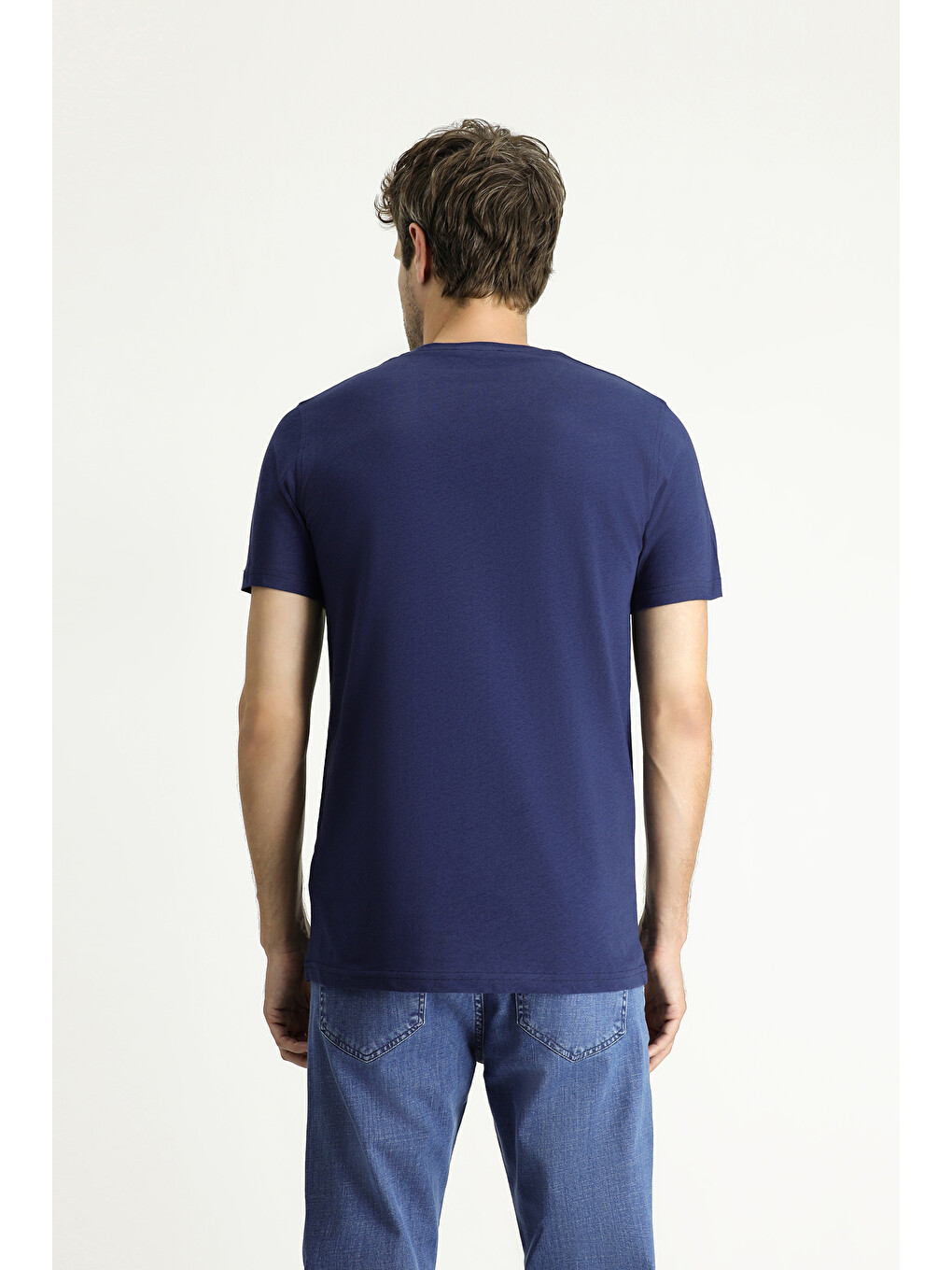 Lacivert Bisiklet Yaka Slim Fit Dar Kesim Keten Karışımlı Tişört-4