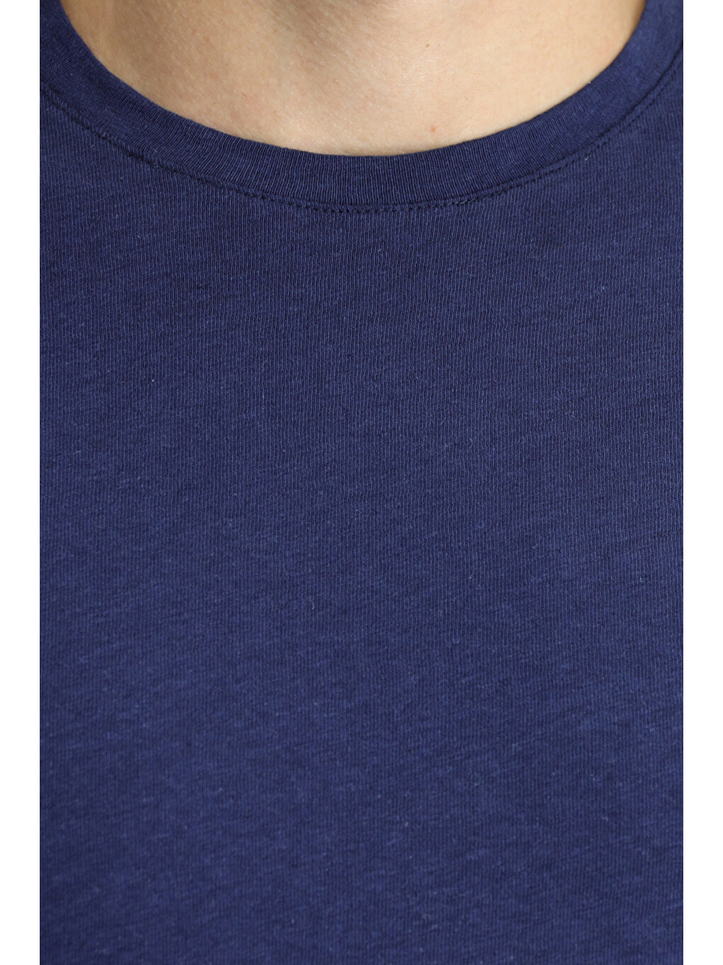 Lacivert Bisiklet Yaka Slim Fit Dar Kesim Keten Karışımlı Tişört-5