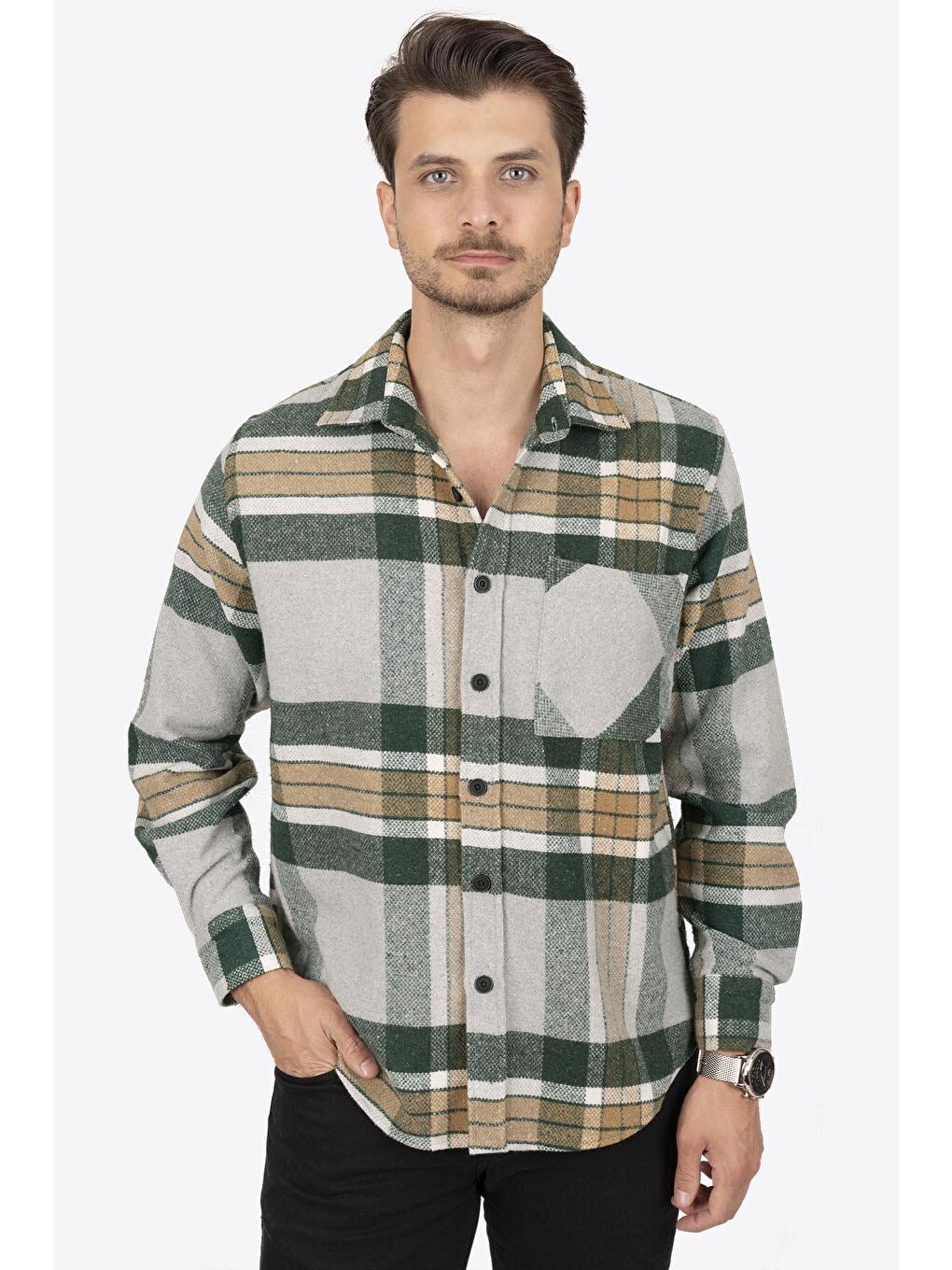 Gri Yeşil Geçişli Oversize ( Geniş Kalıp ) Kalın %100 Pamuk Erkek Oduncu Gömlek-1