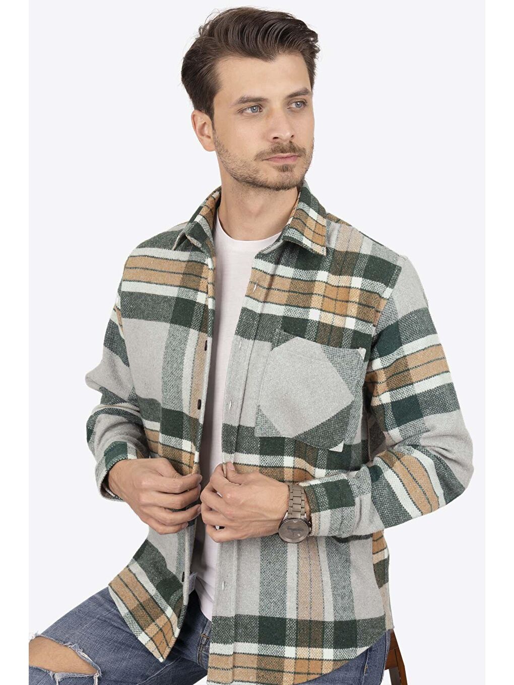 Gri Yeşil Geçişli Oversize ( Geniş Kalıp ) Kalın %100 Pamuk Erkek Oduncu Gömlek-2