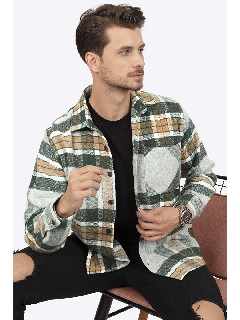 Gri Yeşil Geçişli Oversize ( Geniş Kalıp ) Kalın %100 Pamuk Erkek Oduncu Gömlek-4