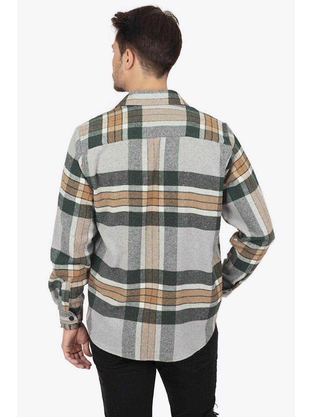 Gri Yeşil Geçişli Oversize ( Geniş Kalıp ) Kalın %100 Pamuk Erkek Oduncu Gömlek-5
