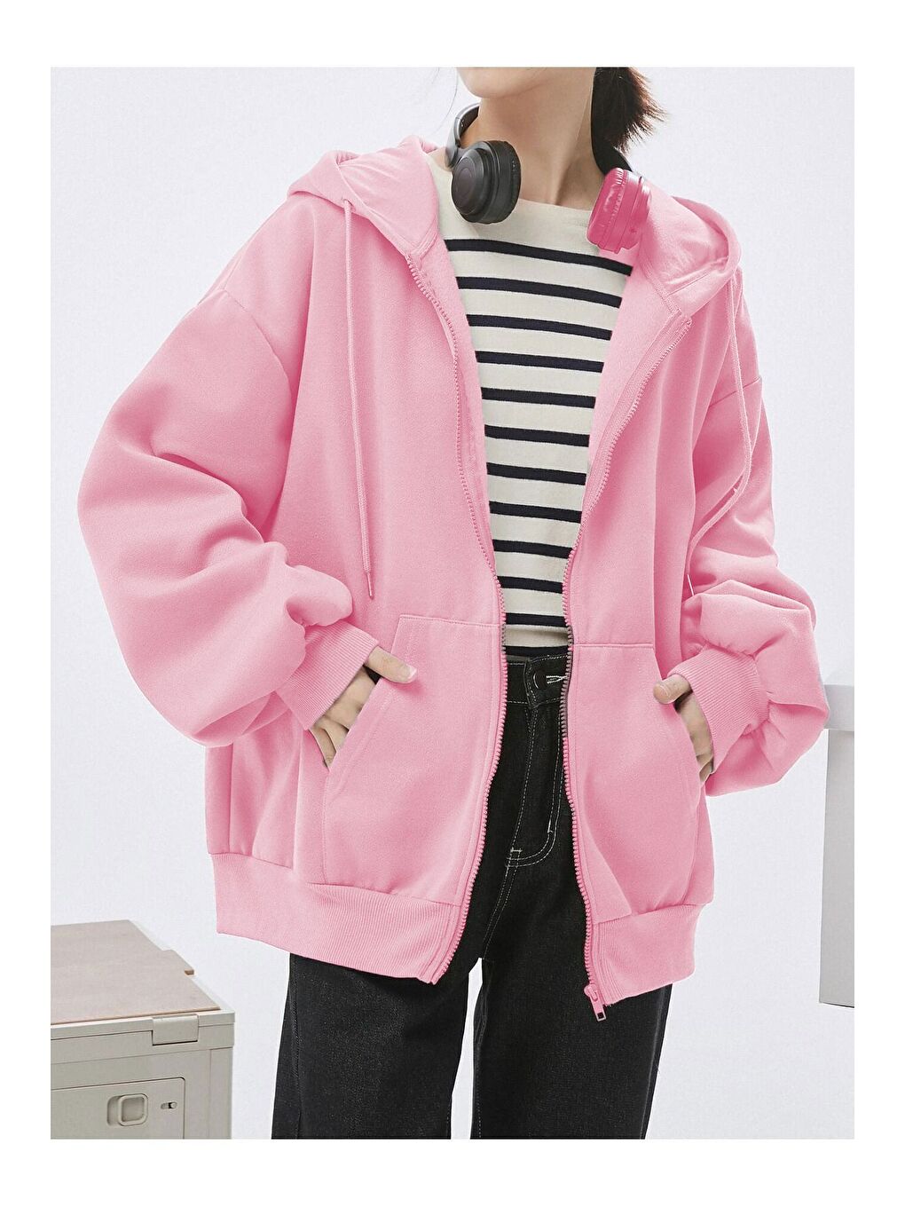 Kadın Pembe Kapüşon Detay Fermuarlı Hırka