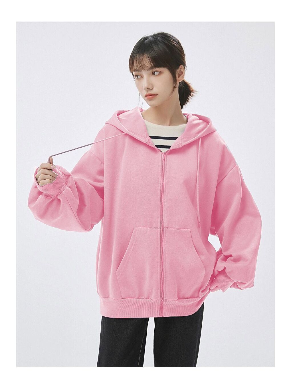 Kadın Pembe Kapüşon Detay Fermuarlı Hırka-2