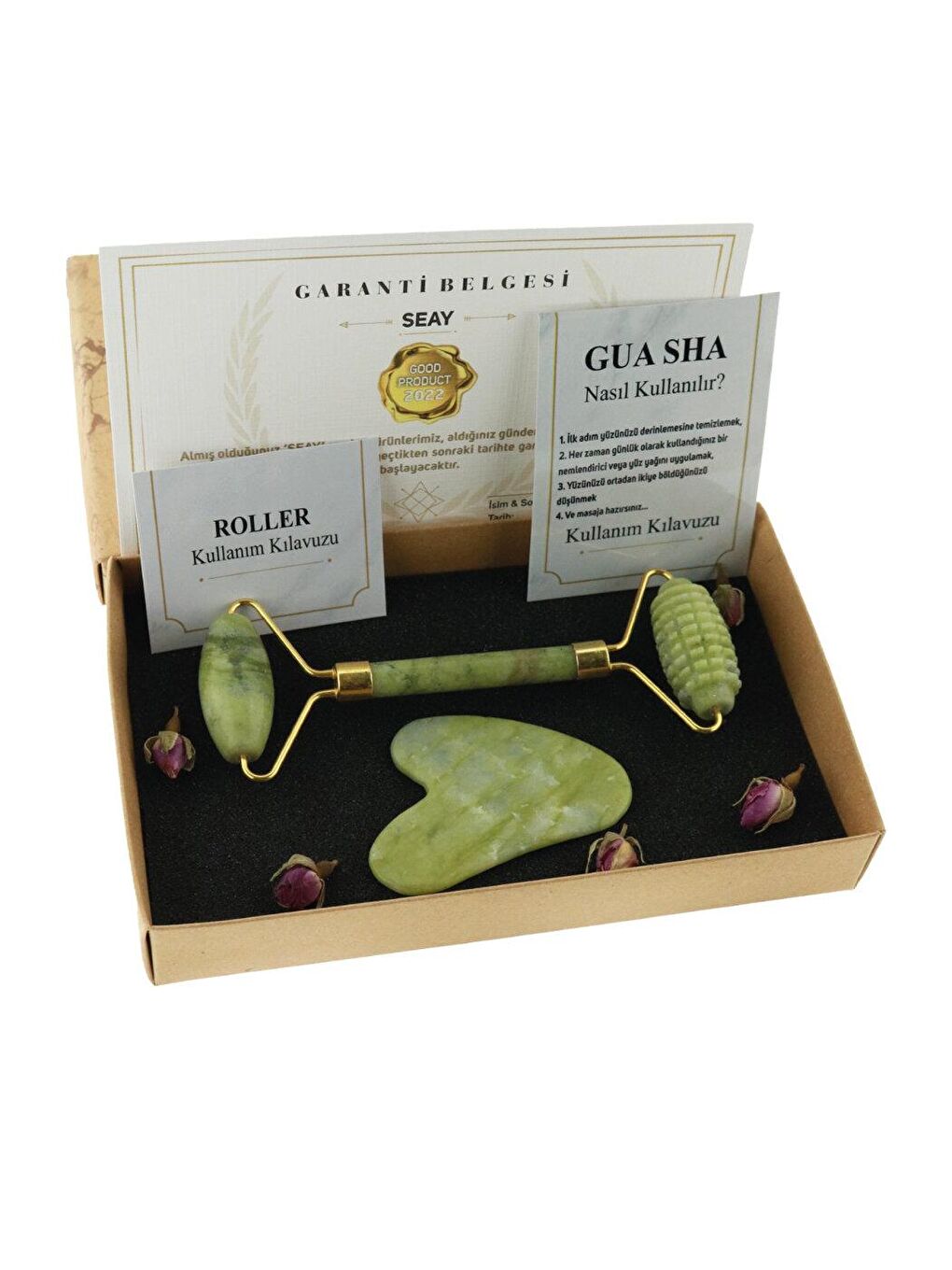 Yeşim Tırtıklı ve Düz Yeşim Roller & Yeşim Guasha Yüz Masaj Aleti Premium