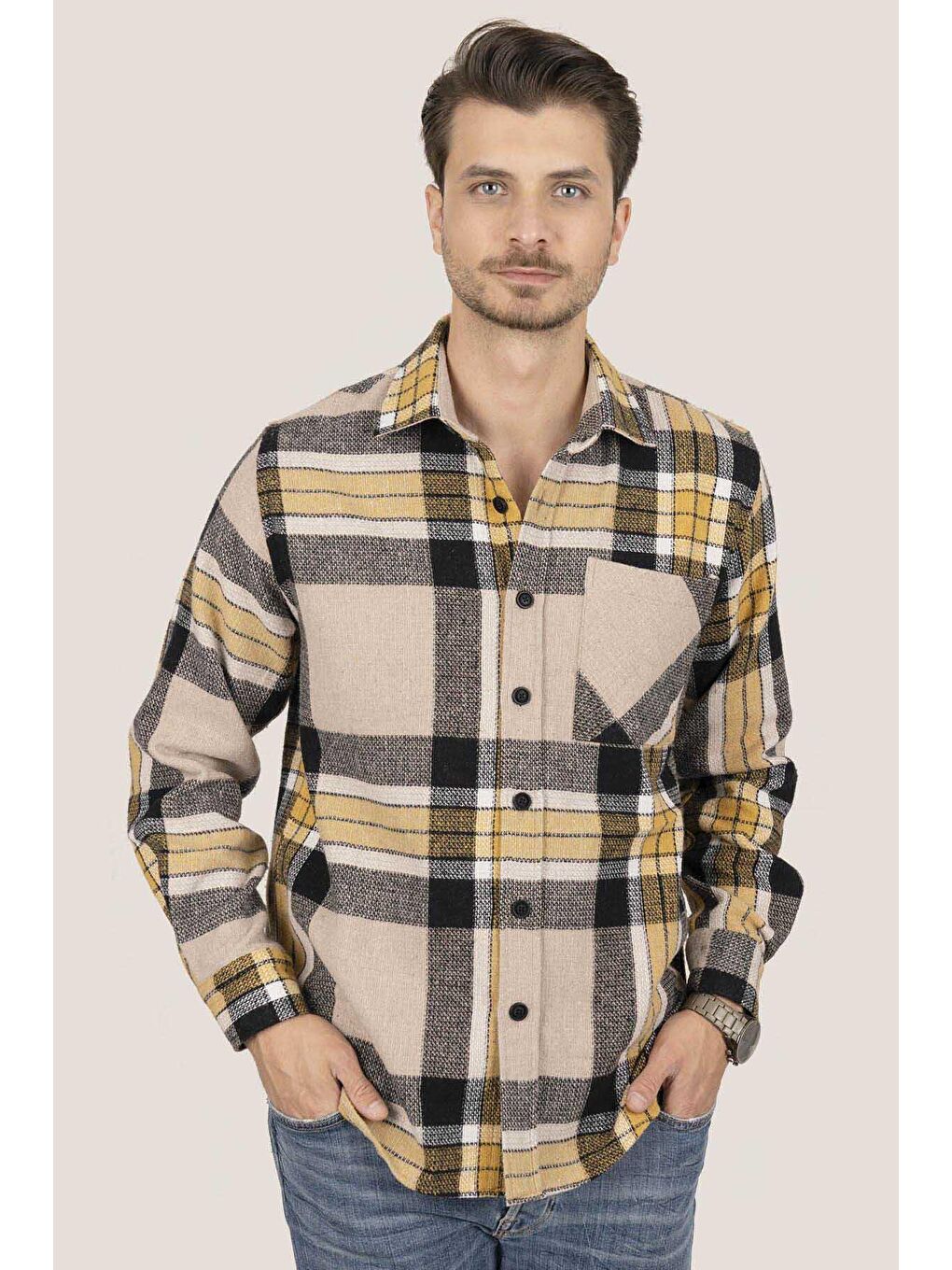 Sarı Siyah Geçişli Oversize (Geniş Kalıp) Kalın %100 Pamuk Erkek Oduncu Gömlek-1